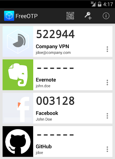 FreeOTP app on Android showing generated One-Time Passwords